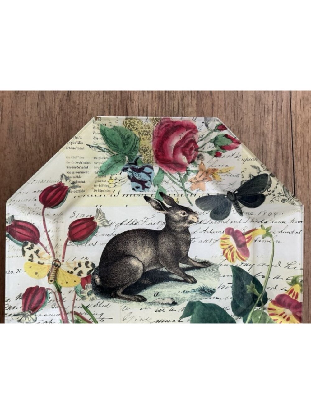 John Derian Rabbit Botanical Octagon Plates Pair Easter Decoupage Glass 10" - Picture 8 of 12